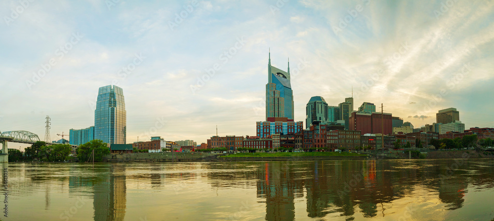 Downtown Nashville cityscape in the evening