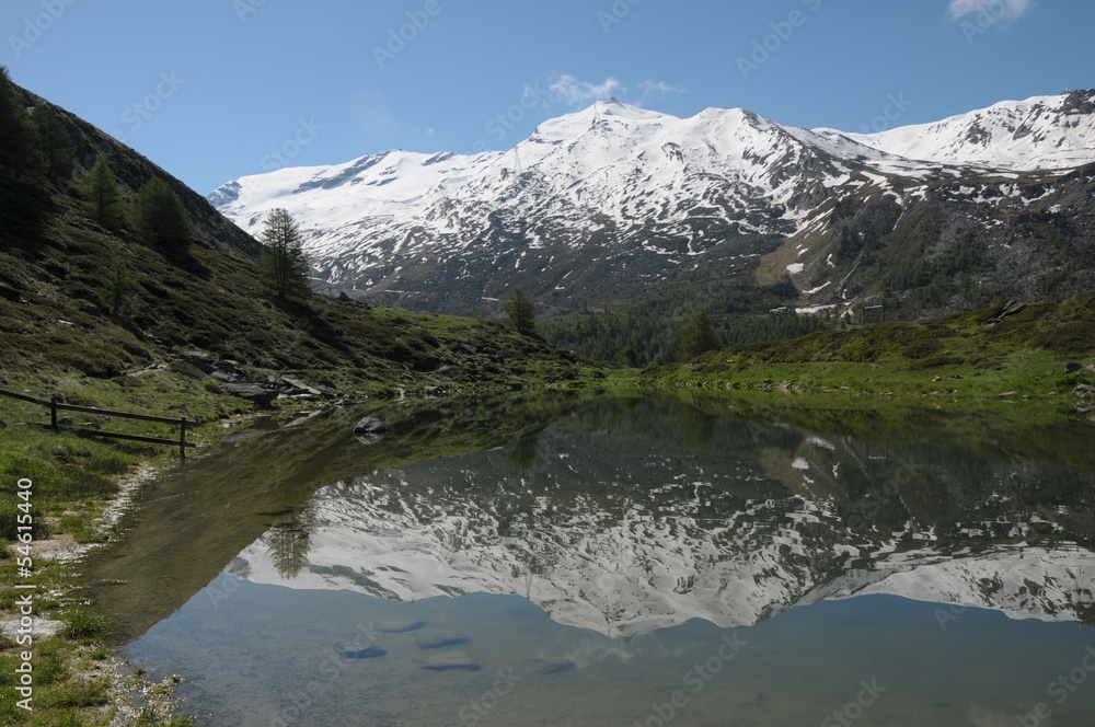Stockhorn reflected in Leisee lake in Swiss Alps