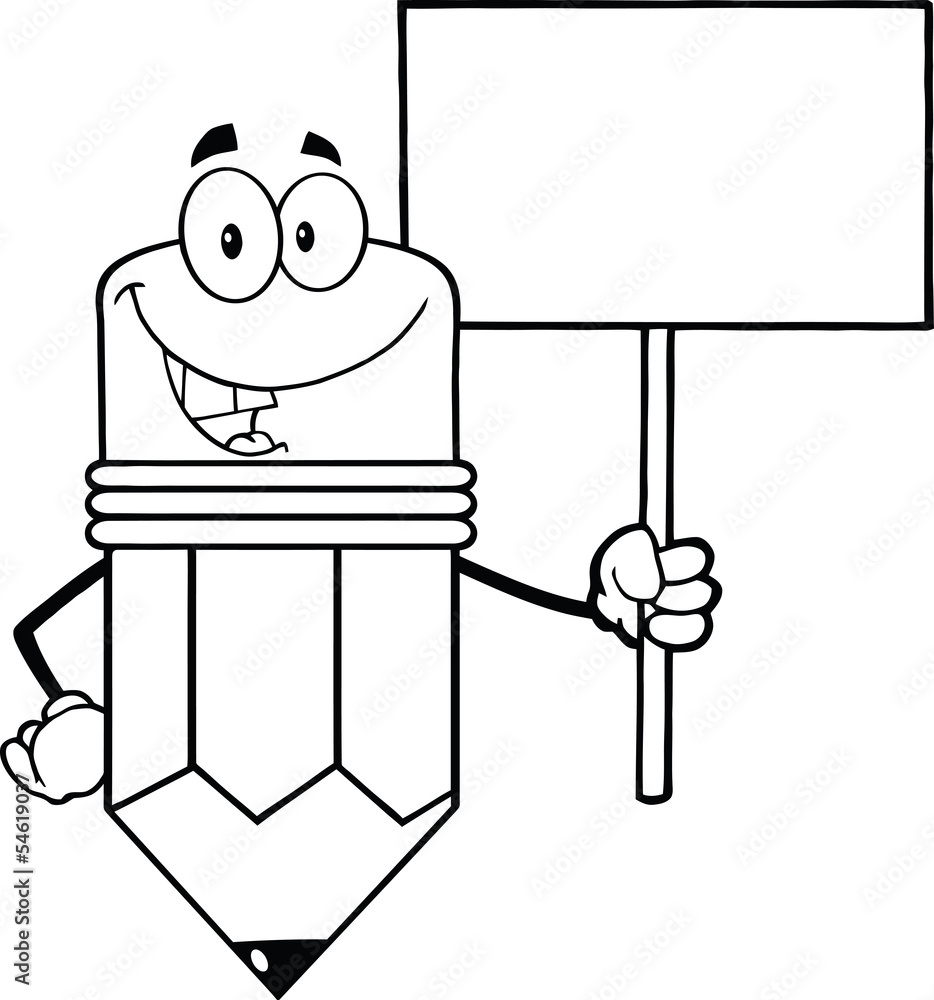 Outlined Pencil Cartoon Character Holding A Blank Sign Stock Vector | Adobe  Stock
