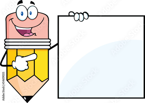 Happy Pencil Cartoon Character Showing A Blank Sign