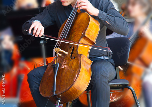 close-up of cellos being played in a concert