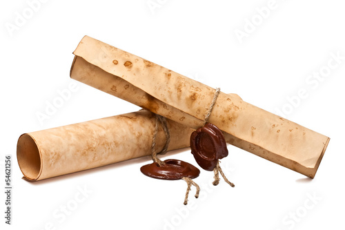Old paper with a wax seal on a white background