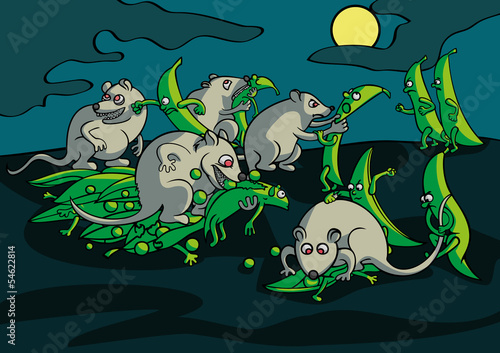 Night battle of mice with pea pods in the vegetable garden