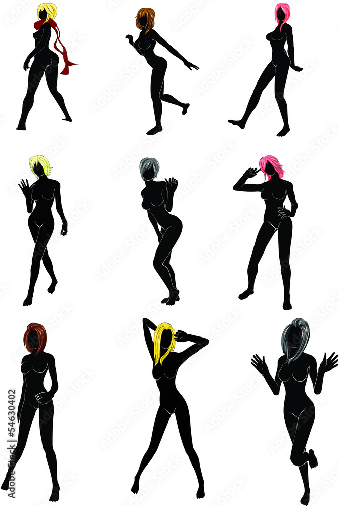 silhouette of women with colorful  hair  in various actions