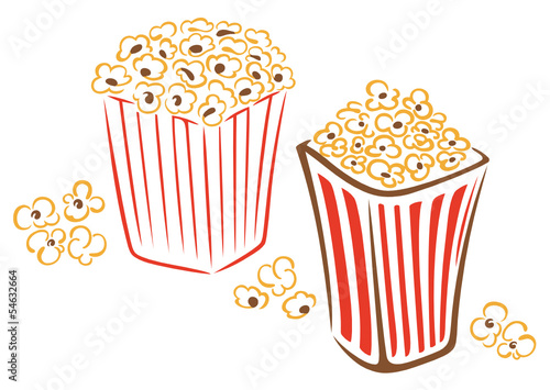 Zwei Schachteln mit Popcorn. Snacks f  r den Kinobesuch.