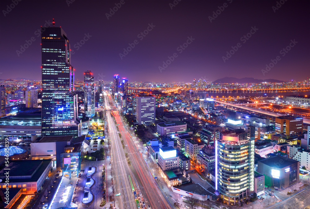 Naklejka premium Seul, Korea Południowa Gangnam District Skyline