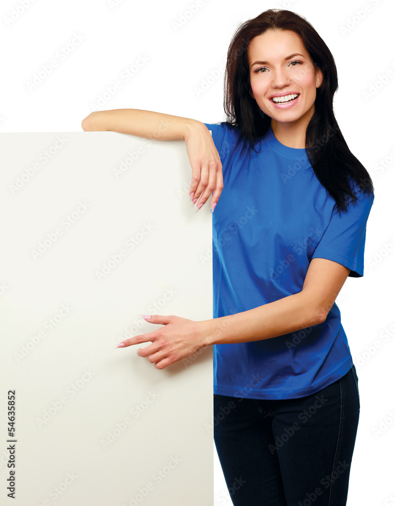 Young woman with blank board banner Young woman with blank board banner