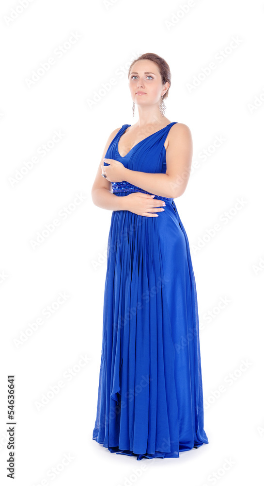 Full lenght portrait of a beautiful young woman in blue dress
