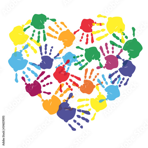 Colorful child hand prints in heart shape