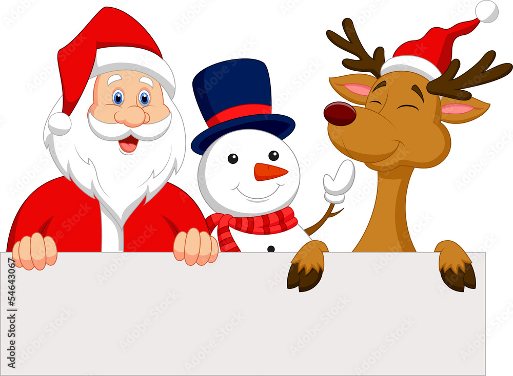 Santa Claus, reindeer and snowman with blank sign