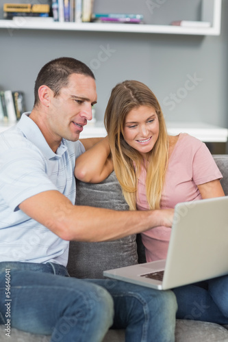 Cheerful couple sitting using laptop on the sofa together