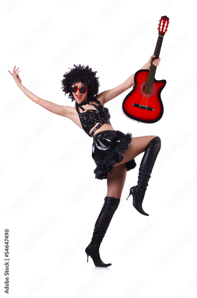 Woman with afro wig with guitar Woman with afro wig with guitar
