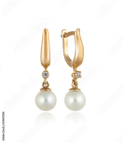 Pair of Gold Earrings with Diamonds and Pearls / Isolated