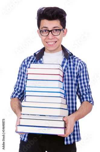 Student with lots of books on white