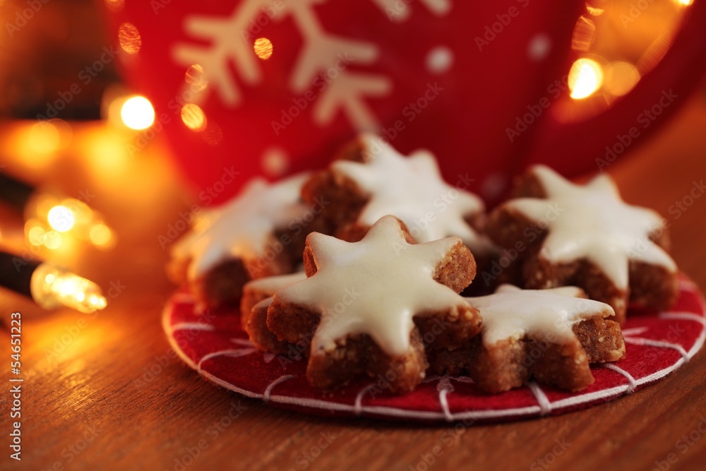 Christmas cookies on table with Christmas lights