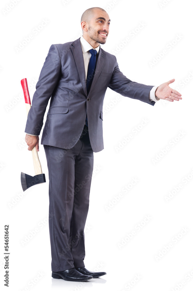 Funny businessman with axe on white Funny businessman with axe on white