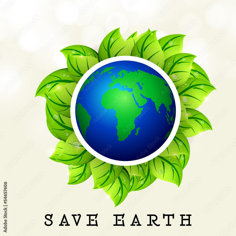 Save earth concept with shiny globe surrounded by green leaves.