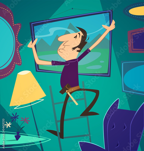 Man stringing a picture. Household series.
