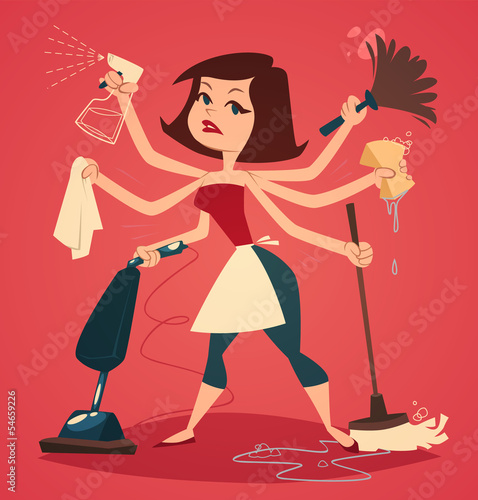 Woman washing and cleaning. Household series.