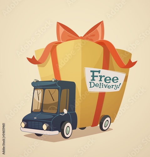 Delivery truck with gift. Shipping concept.
