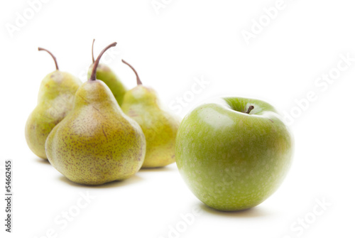 Pears and an apple on white