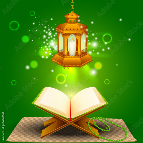 illustration of holy book of Quran with lamp on Eid Mubarak