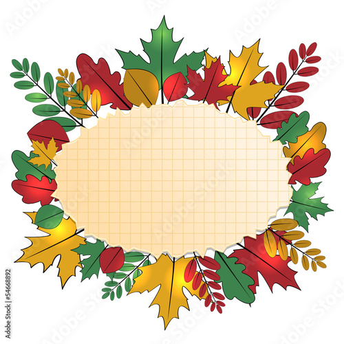 background with autumn leaves and sheet of paper into a cell.aut