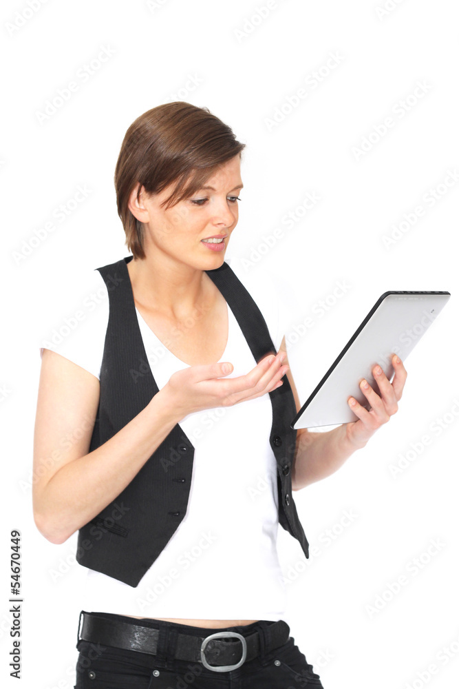 junge Frau hat technische Probleme mit Tablet junge Frau hat technische Probleme mit Tablet