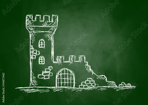 Drawing of castle ruins on blackboard