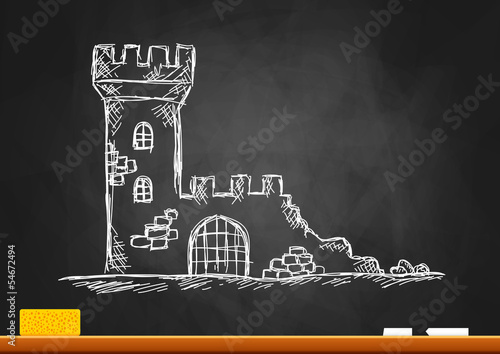 Drawing of castle ruins on blackboard