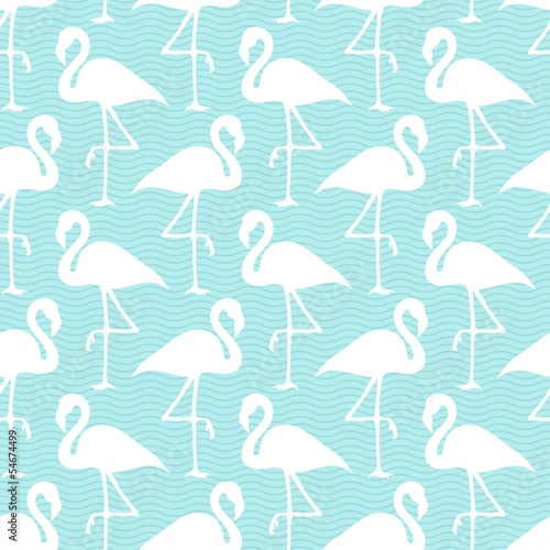 Seamless Pattern Flamingos White Waves