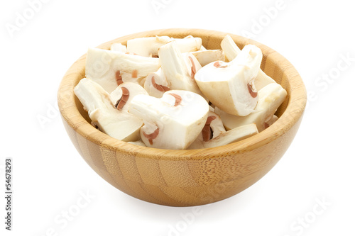 bamboo bowl with mushrooms isolated on white