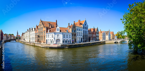 Panorama view of river canal and colorful houses in Bruges