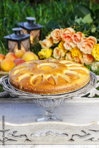 Round apricot cake on cake stand. Garden party, selective focus