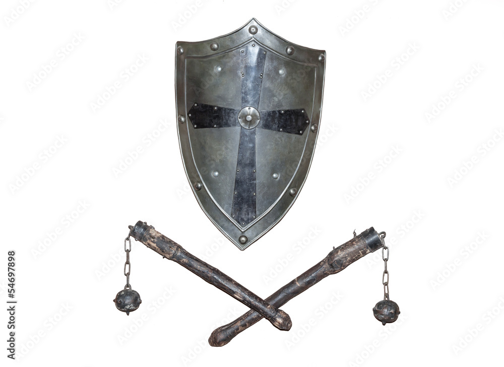 Isolated medieval weapon - flail and shield
