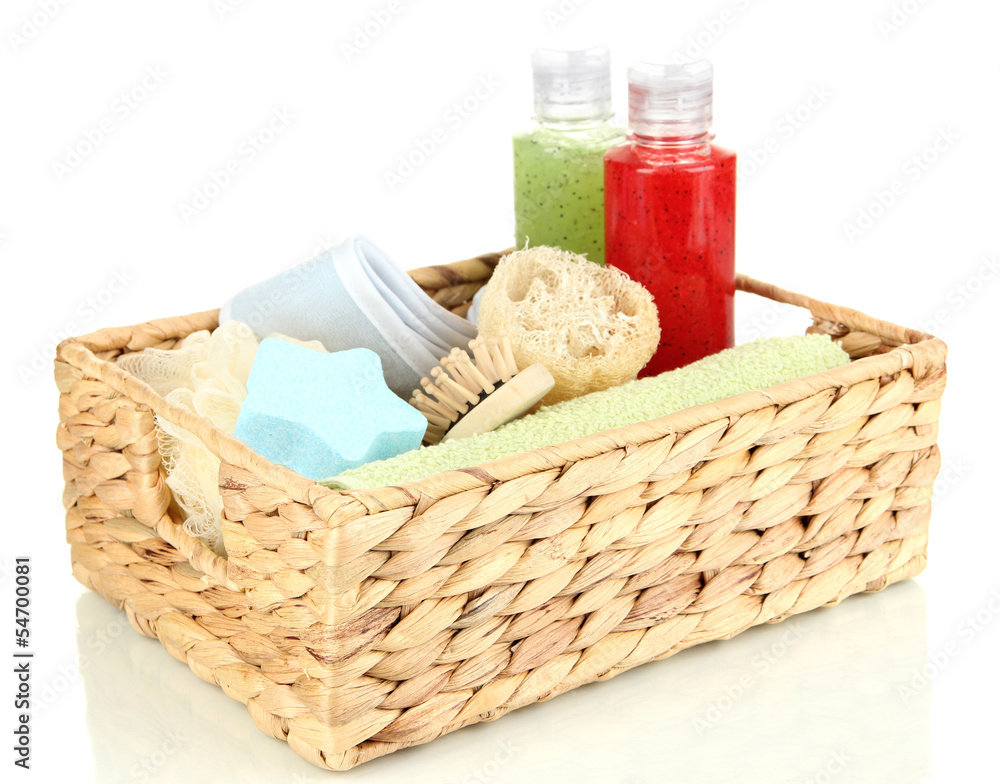 Set for spa in wicker basket, isolated on white Set for spa in wicker basket, isolated on white