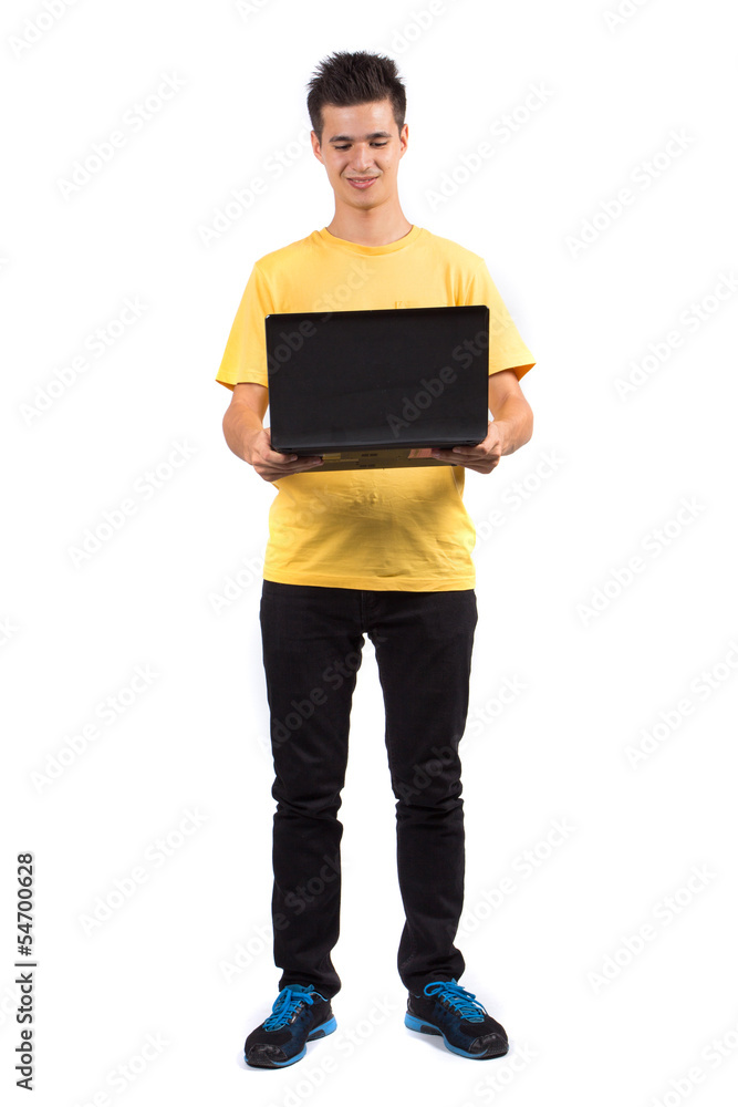 Young man using laptop isolated on white background Young man using laptop isolated on white background