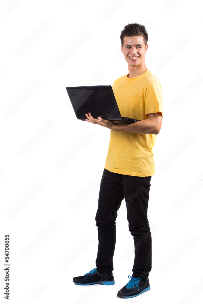 Young man using laptop isolated on white background