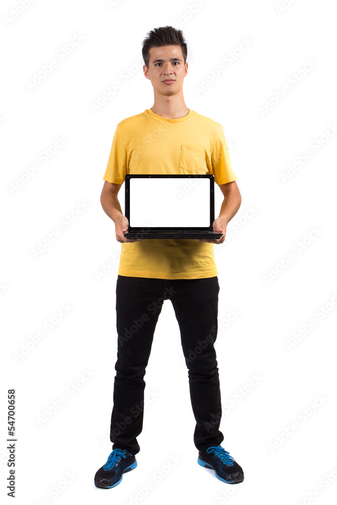 Young man using laptop isolated on white background Young man using laptop isolated on white background