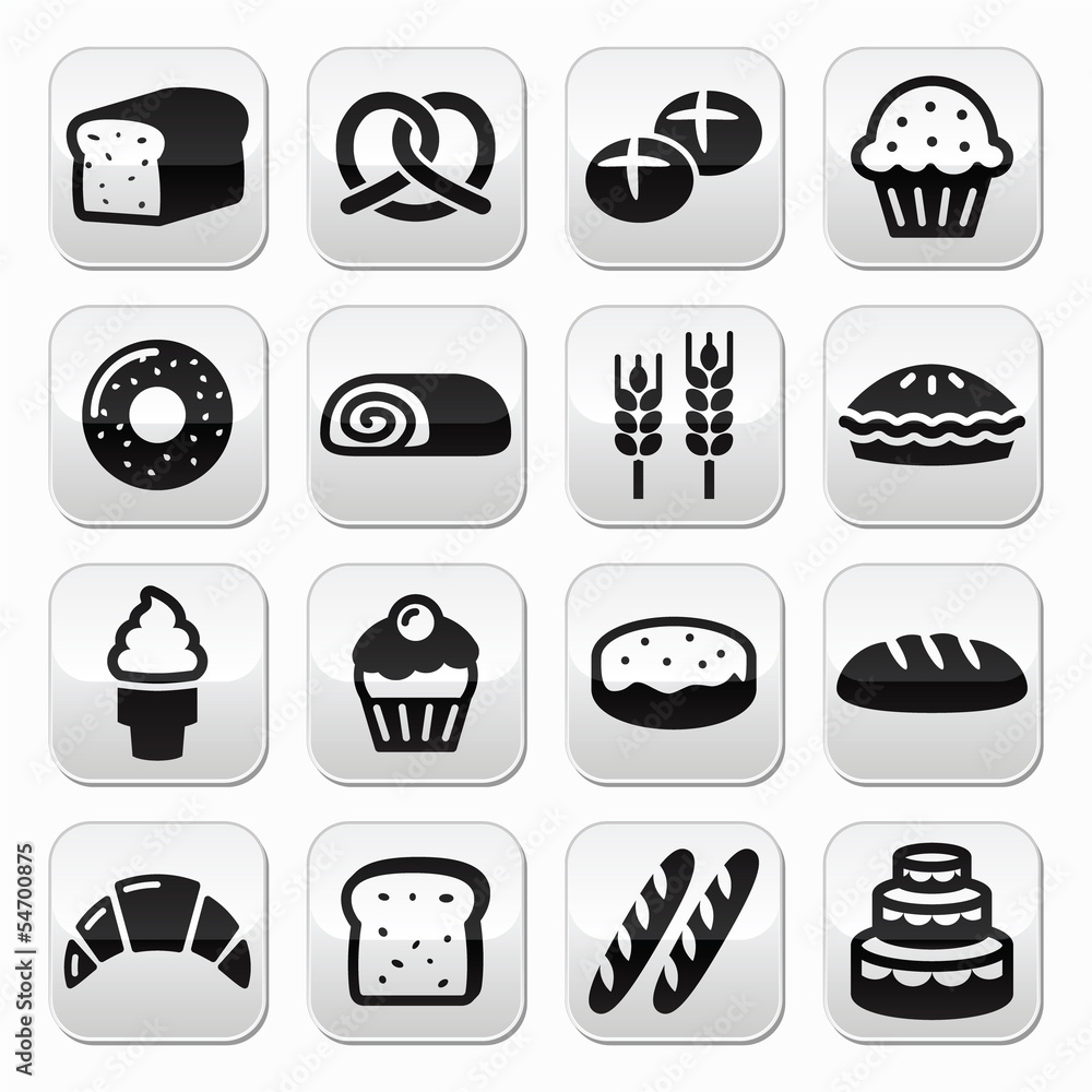 Bakery, pastry buttons set - bread, donut, cake, cupcake