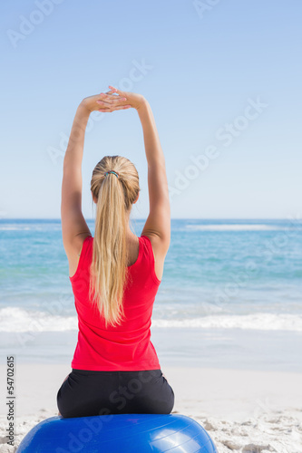 Fit blonde sitting on exercise ball looking at waves