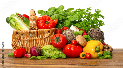 fresh vegetables and herbs on white background