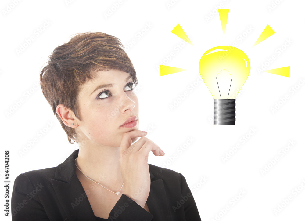 Young woman with light bulb isolated on white background Young woman with light bulb isolated on white background