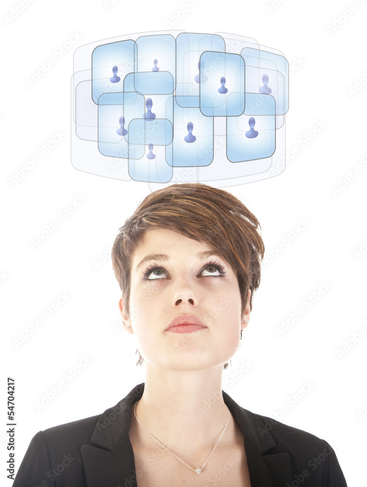 Young woman looking at her virtual friends isolated on white Young woman looking at her virtual friends isolated on white