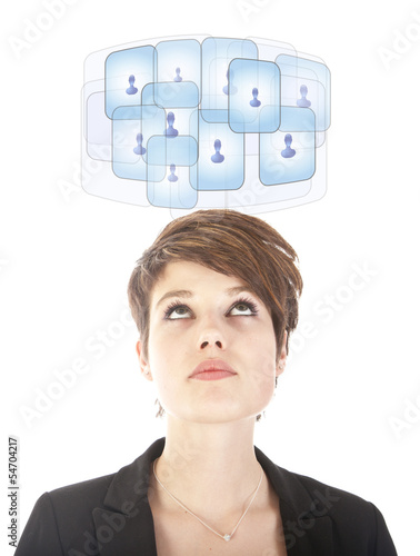 Young woman looking at her virtual friends isolated on white