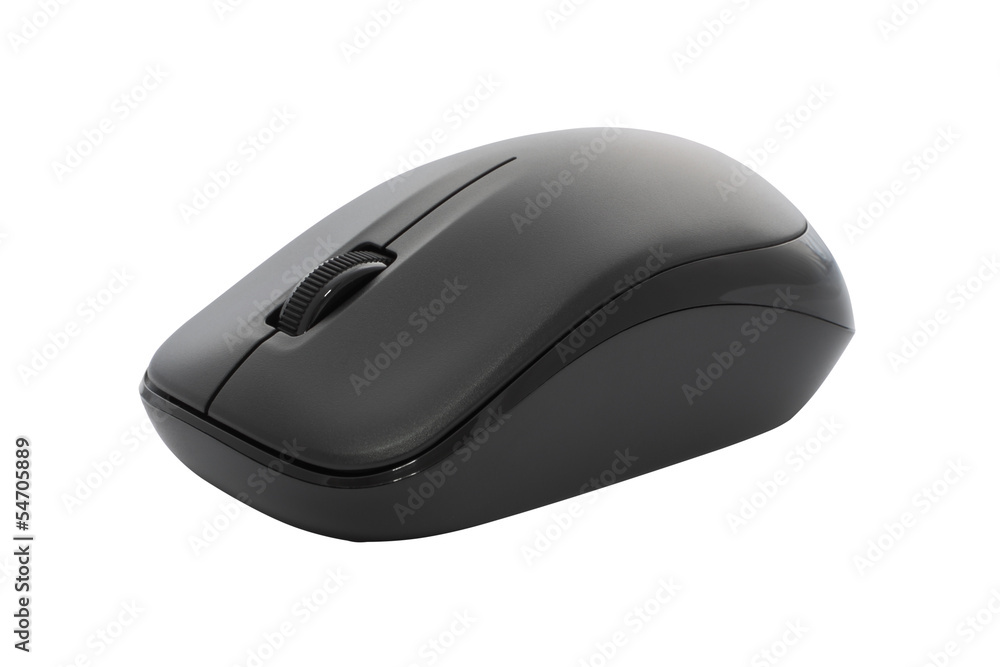 Side black wireless mouse on white background.