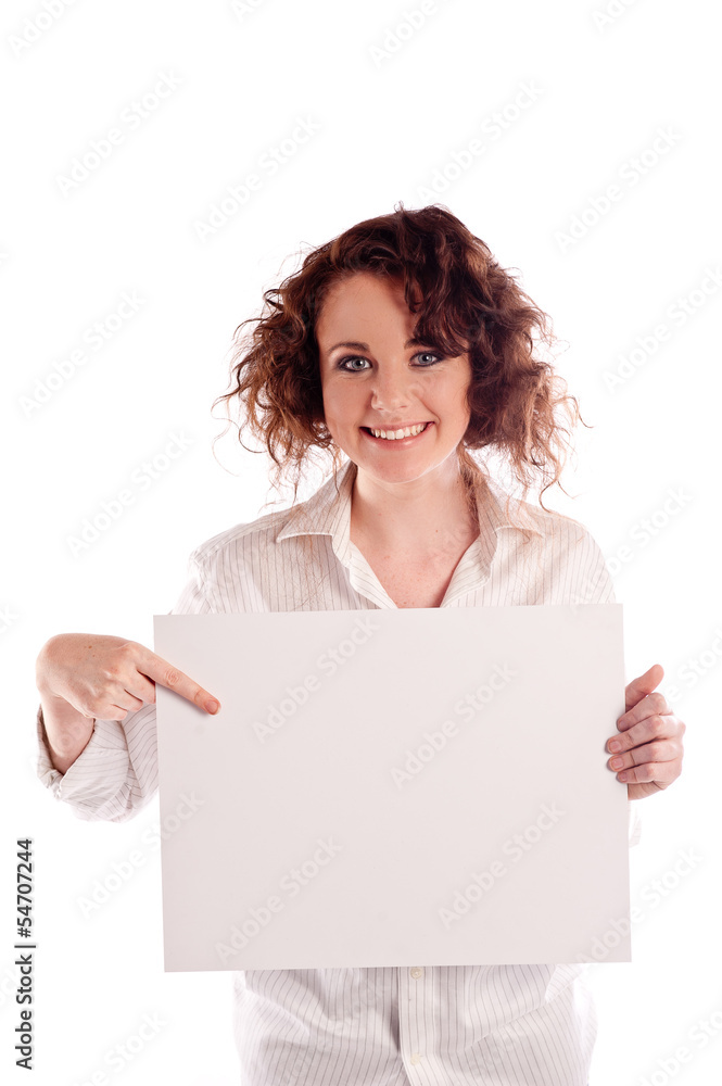 Young beautiful girl holds a empty white sign for you to fill in Young beautiful girl holds a empty white sign for you to fill in