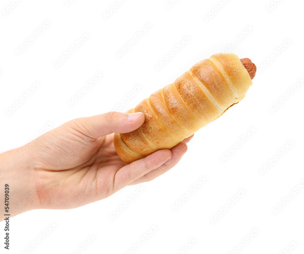 Hand holds hot dog baked. Hand holds hot dog baked.