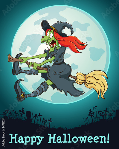The witch flying on a broom at full moon