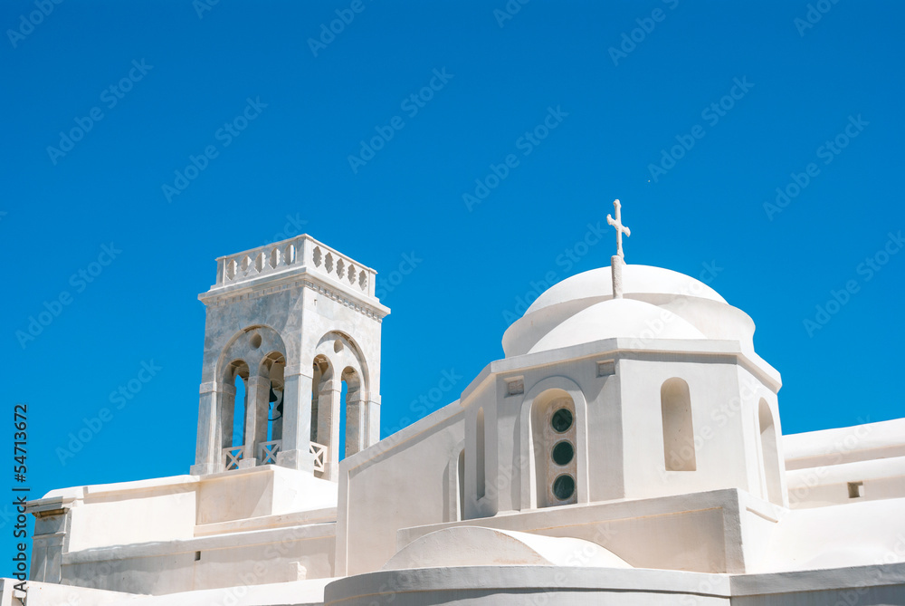 Belfry at blue sky on Mykonos island, Greece